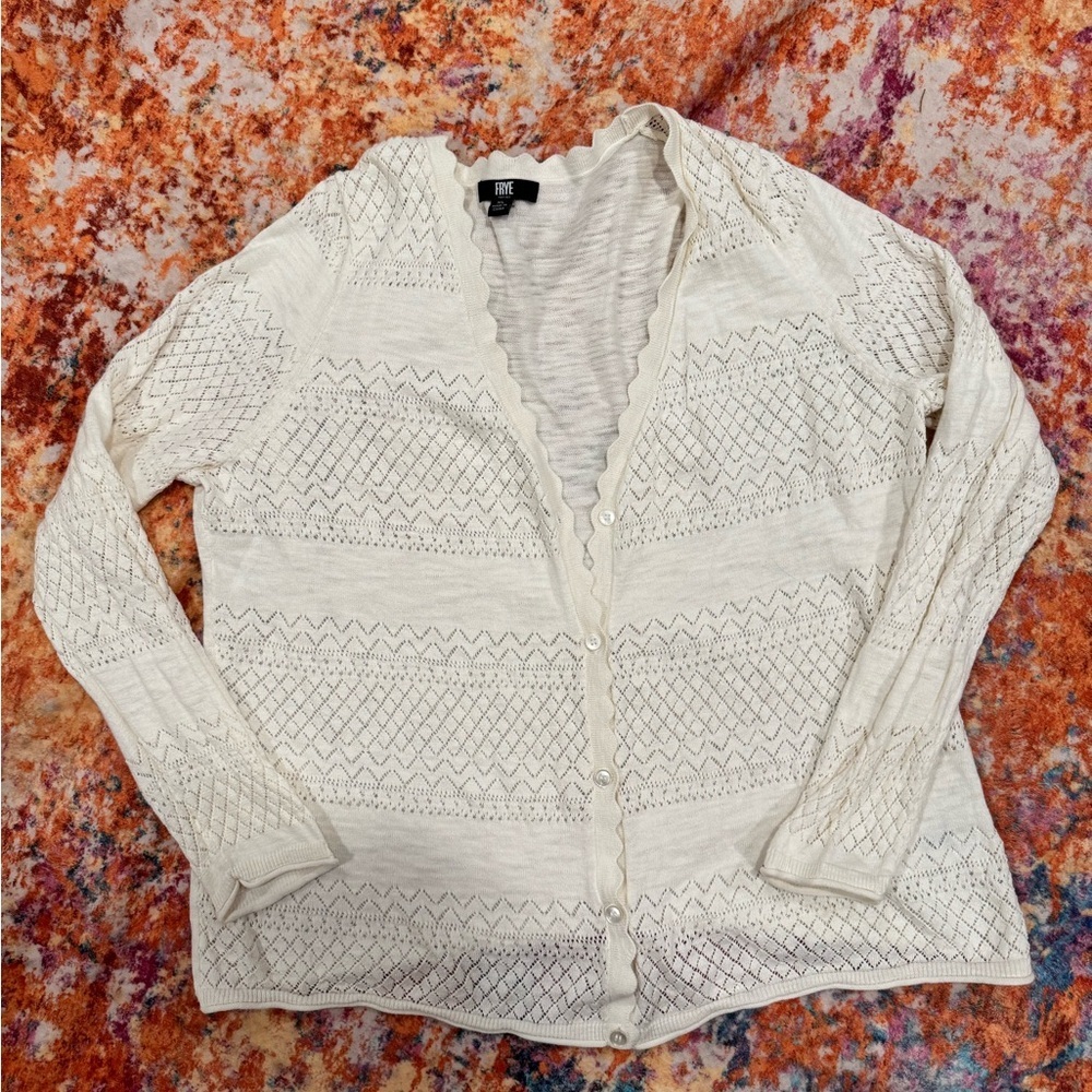 Frye Ivory Pointelle Knit Cardigan Sweater XL Button Front Lightweight Boho Cott